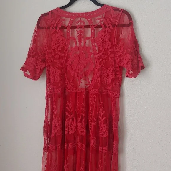Red Lace V-Neck Women's Dress - Picture 6 of 14